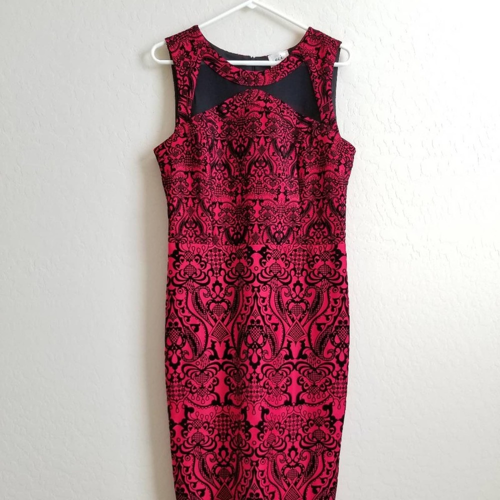 ECI Red & Black Mesh Cutout Damask Sheath Dress 12